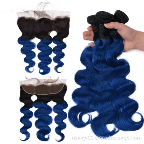 Usexy Wholesale Virgin Brazilian Hair Weaves Color 1B/Blue Body Wave Ombre Hair Bundles With Frontal